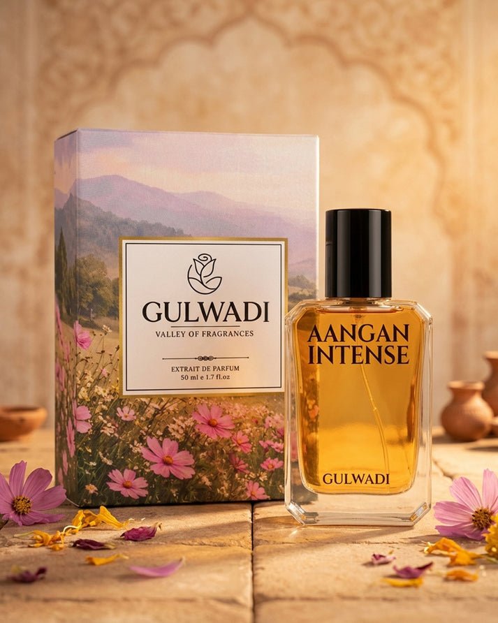 A bottle of Aangan Intense, a luxurious unisex oriental perfume with rich notes of oud and leather.