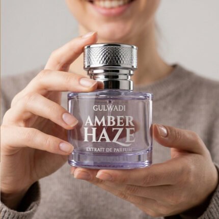 A bottle of Amber Haze, a premium warm amber vanilla fragrance.