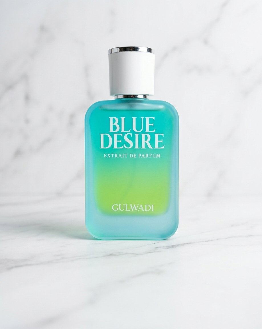 A bottle of Blue Desire, an elegant feminine floral fragrance.