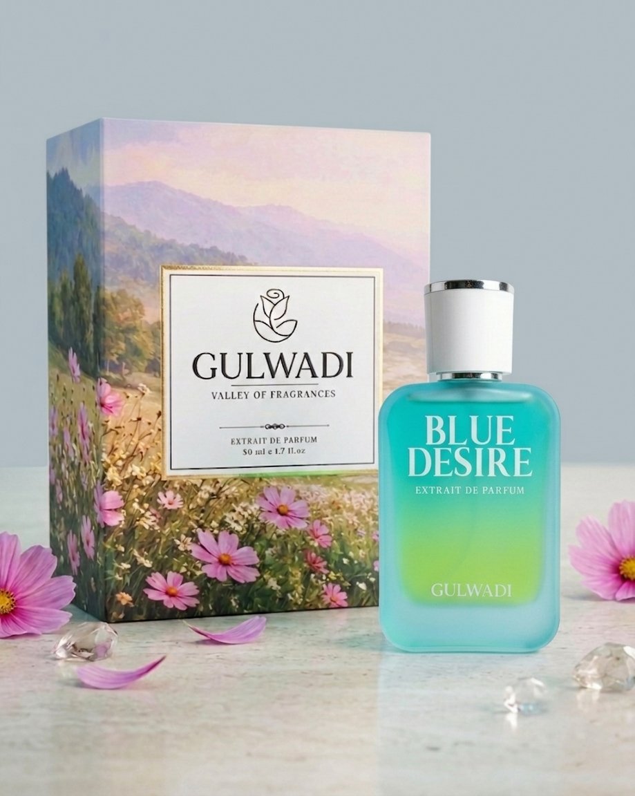 A bottle of Blue Desire, an elegant feminine floral fragrance.