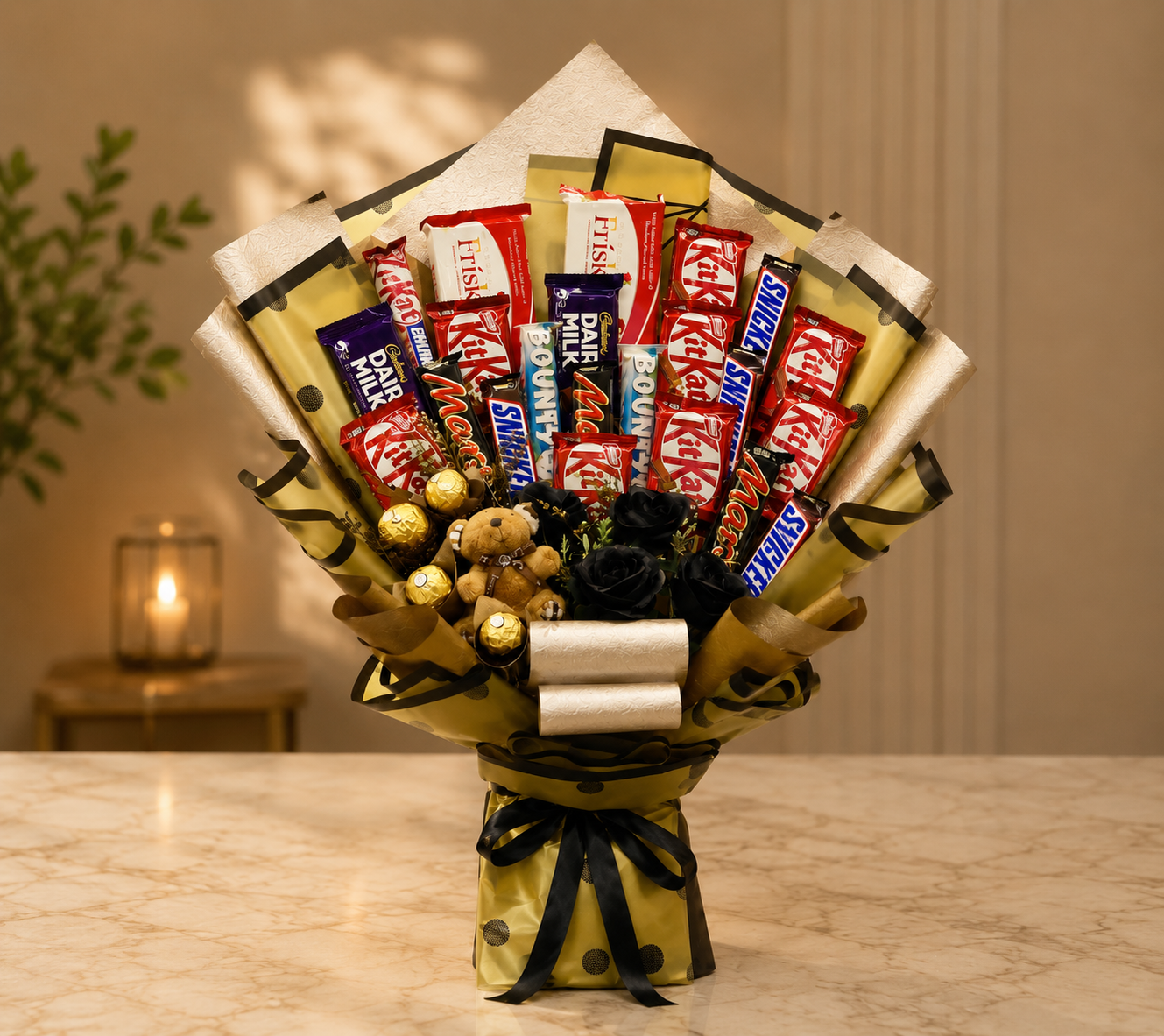 A grand luxury chocolate bouquet Lahore featuring mixed chocolate bars.