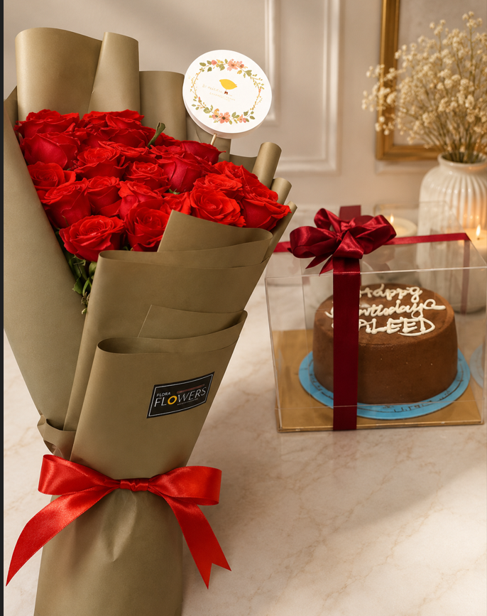 Fresh red roses and a birthday cake set for Gift delivery Lahore.