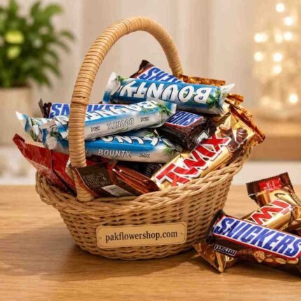 A basket filled with assorted chocolates prepared for online gift delivery.