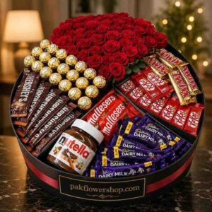 Chocolate and rose gift set sent to family in Pakistan from the USA