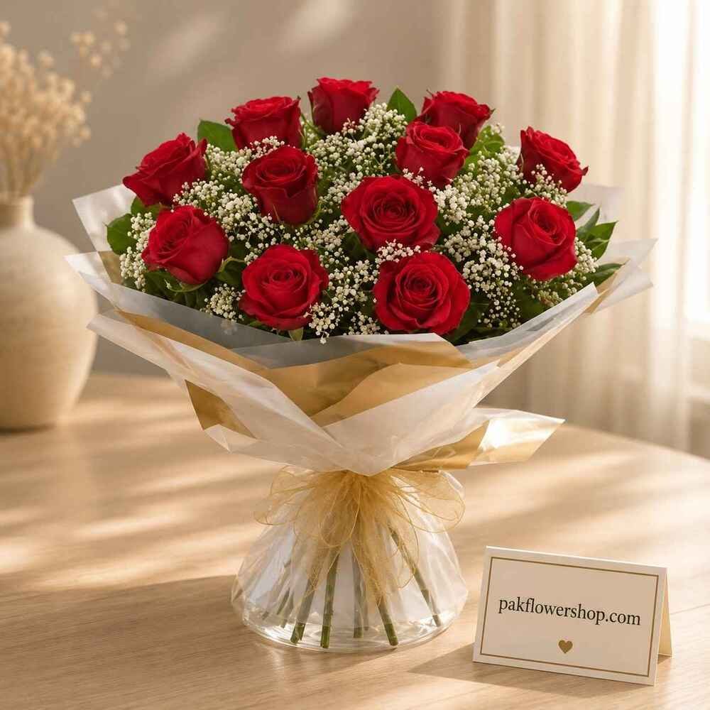Classic red roses arranged for fresh flower delivery Lahore.