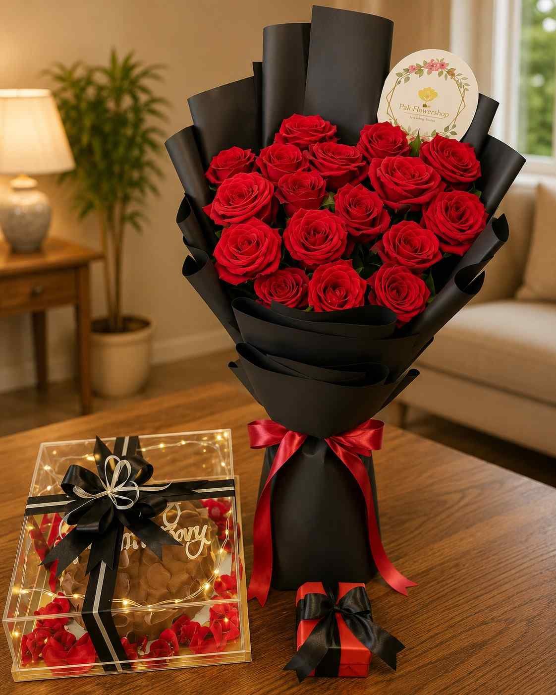 Anniversary gifts Lahore featuring a rose bouquet and gourmet treats.
