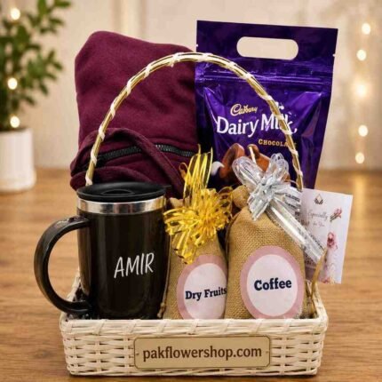 A personalized gift hamper with a custom mug, perfect for those seeking gifts in Lahore.