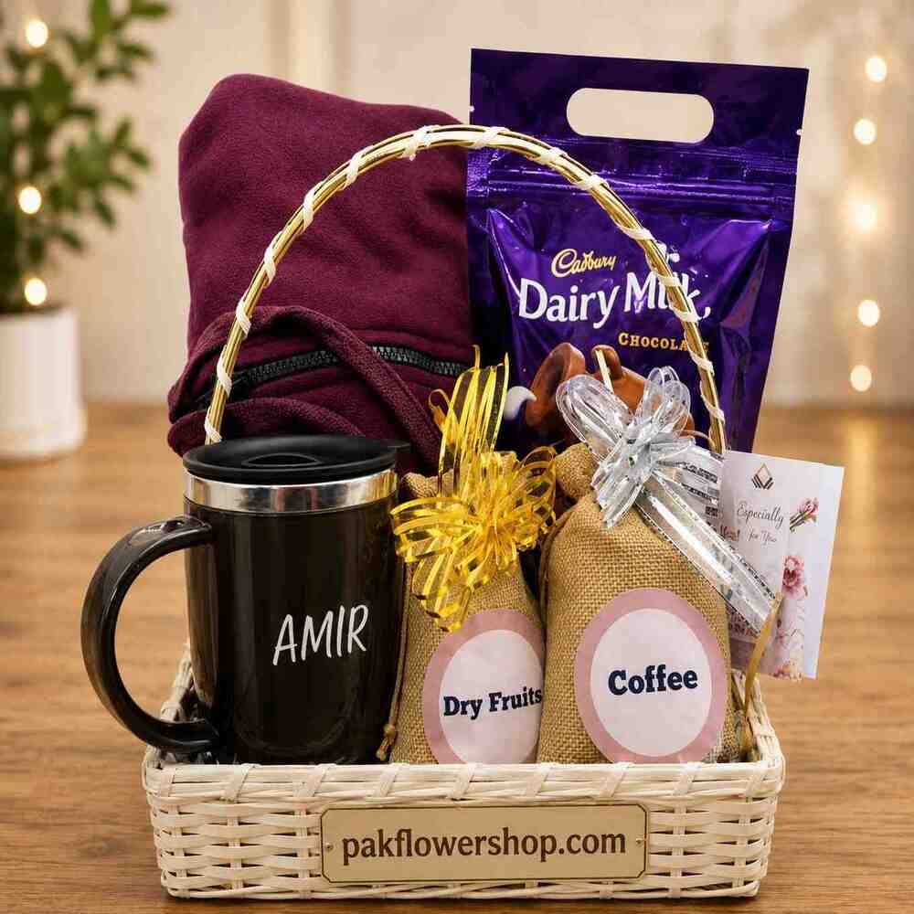 A personalized gift hamper with a custom mug, perfect for those seeking gifts in Lahore.