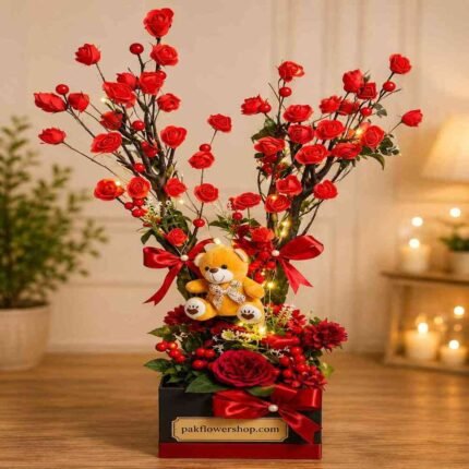 Illuminated rose tree gift arrangement for same day gifting Lahore.