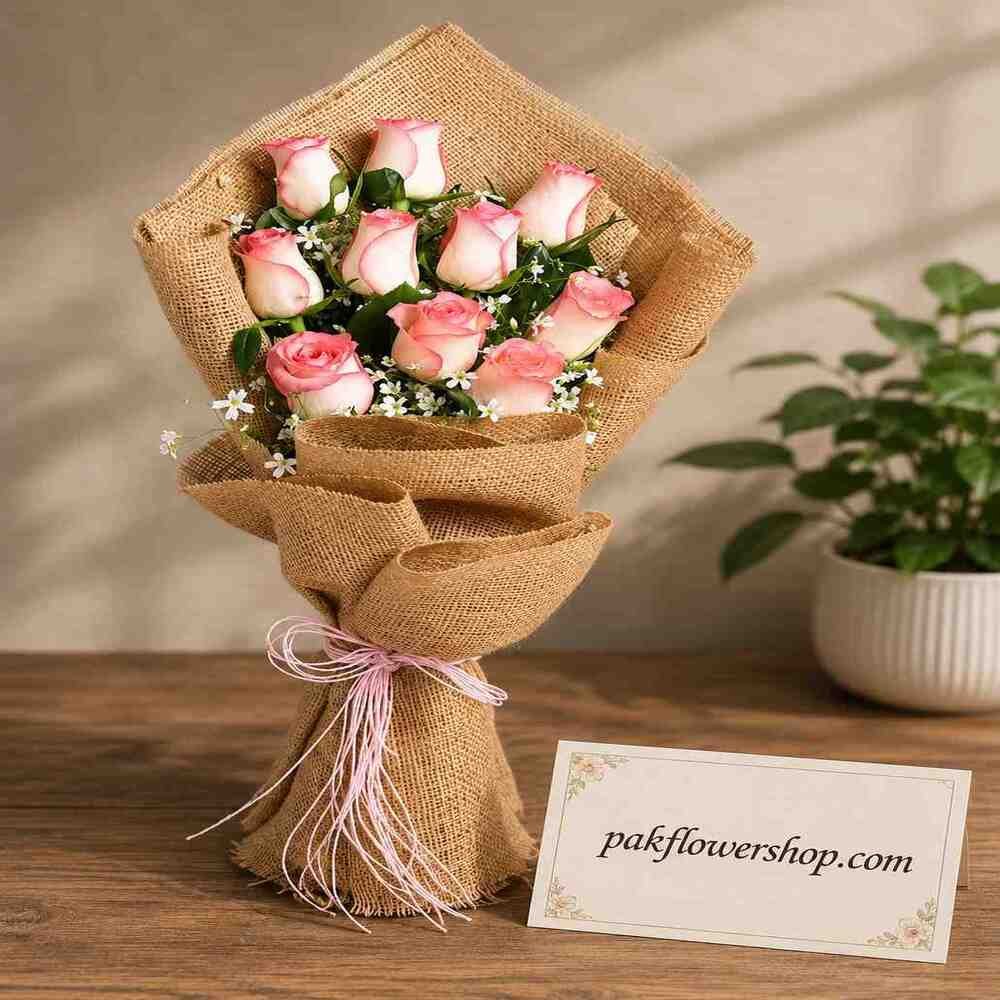 Elegant pink rose bouquet wrapped in burlap from our flower shops in Lahore.