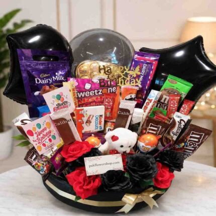 A grand chocolate and rose arrangement for birthday gift delivery.