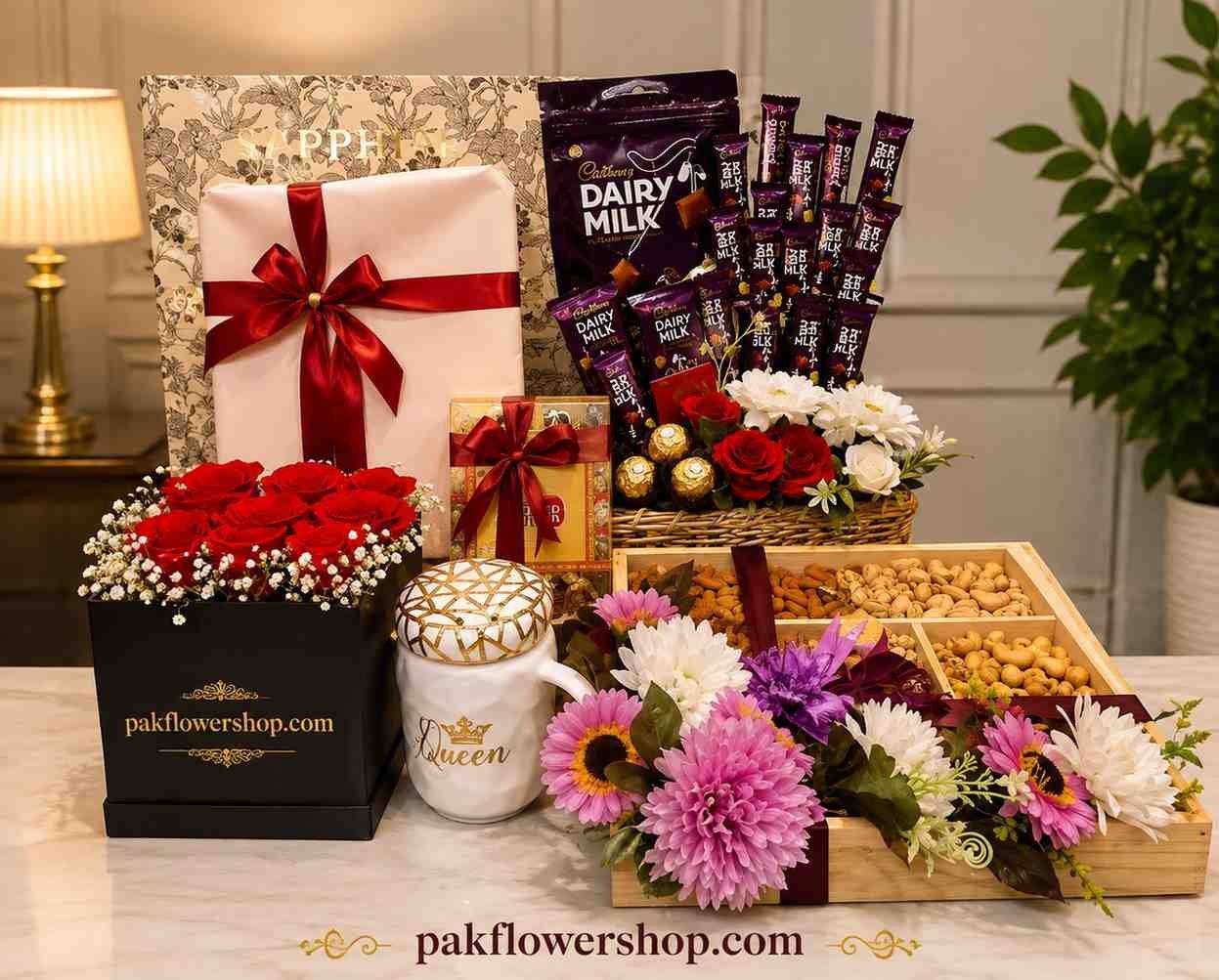 luxury gift basket with flowers chocolates and dry fruits