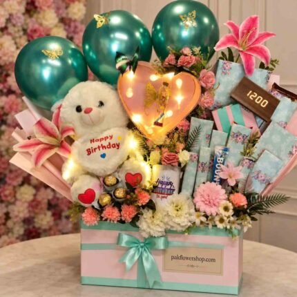 birthday gift hamper Lahore with flowers, teddy bear, chocolates, and balloons