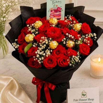Birthday Flower Bouquet Pakistan with red roses, chocolates, and baby's breath