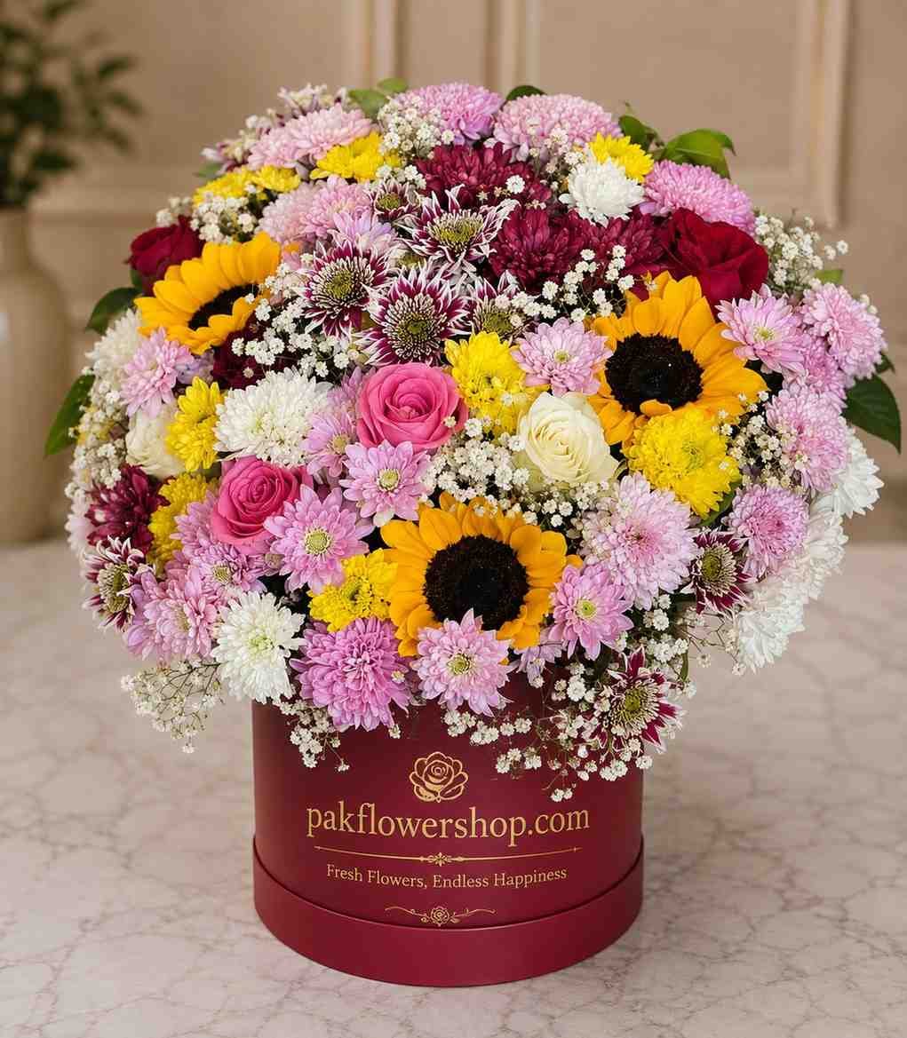 Luxury flower box Lahore with roses, sunflowers, and fresh seasonal flowers.