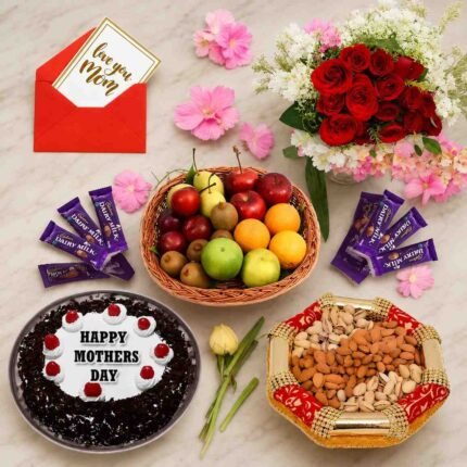Mother's Day Gifts Pakistan hamper with flowers, cake, fruits, chocolates, and dry fruits