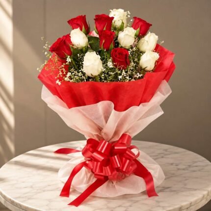 Red and white rose bouquet Lahore for birthdays and anniversaries