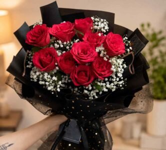 Red Rose Bouquet Pakistan with fresh roses and elegant black wrapping
