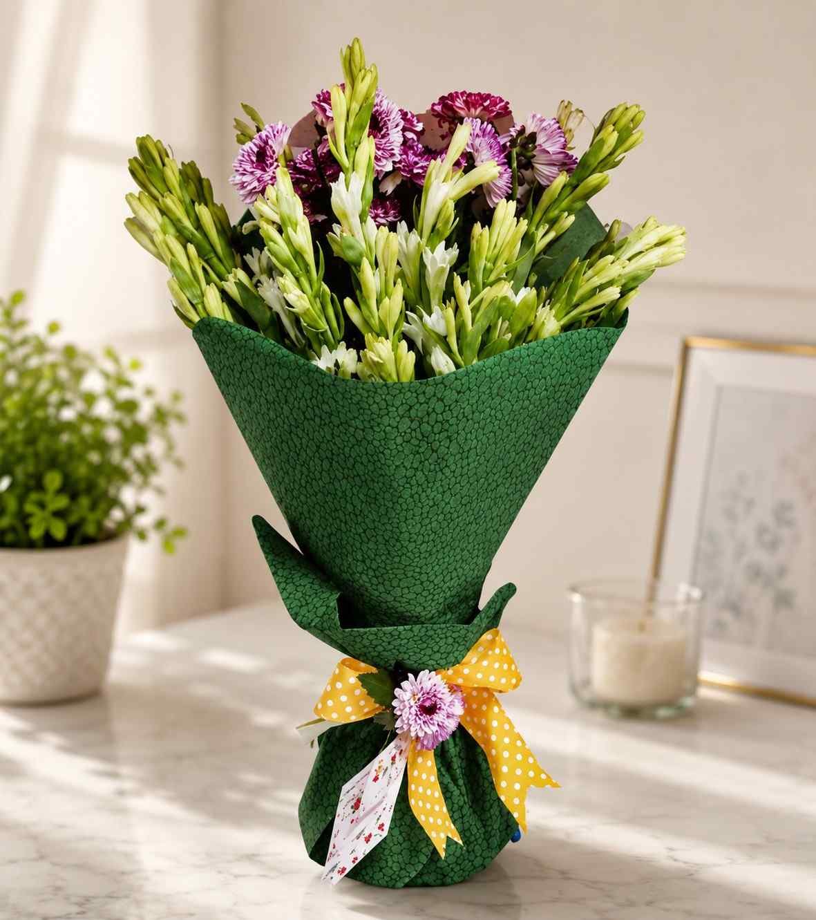Flower bouquet Lahore with green wrapping and purple white flowers