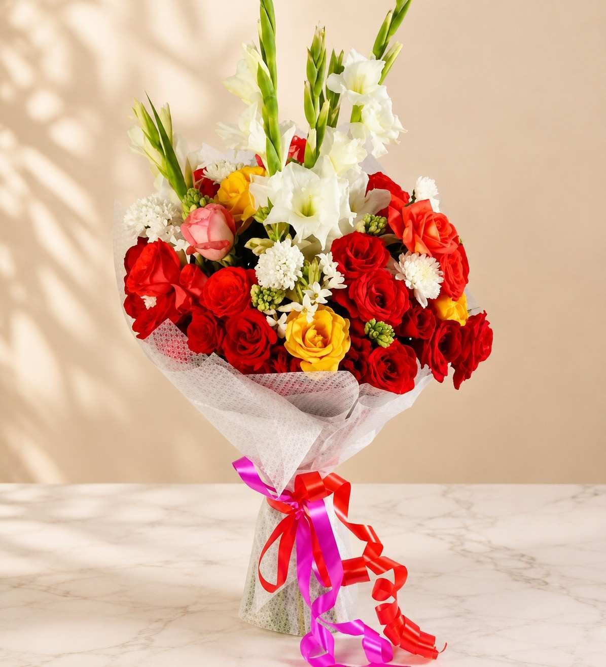 Mixed flower bouquet Lahore with red roses and white gladiolus.
