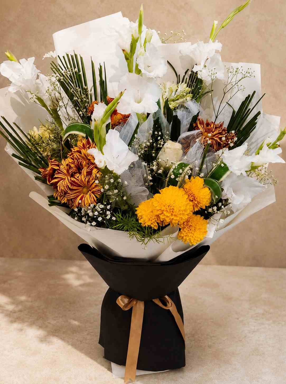 Mixed flower bouquet Lahore with white gladiolus and golden chrysanthemums