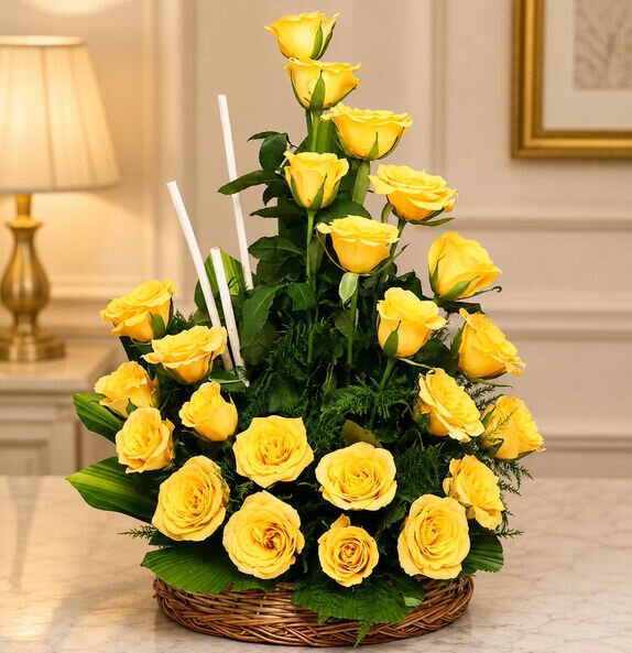 yellow rose flower basket with lush greenery