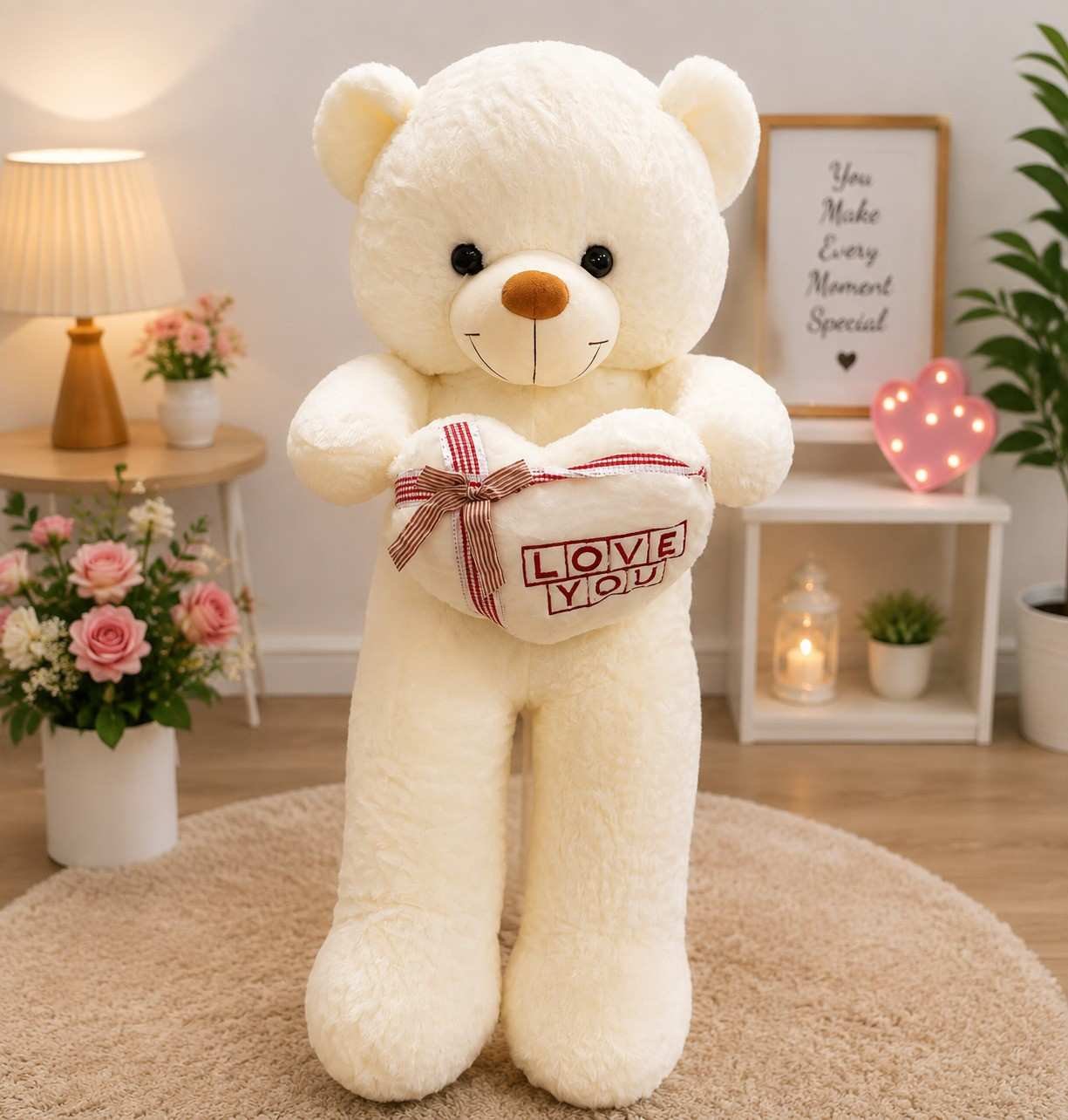 Teddy Bear Gift Pakistan with giant white plush teddy holding a love cushion