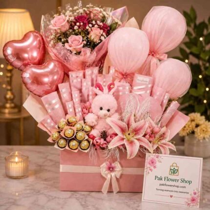 Gift Hamper Pakistan with flowers, chocolates, teddy bear, and balloons