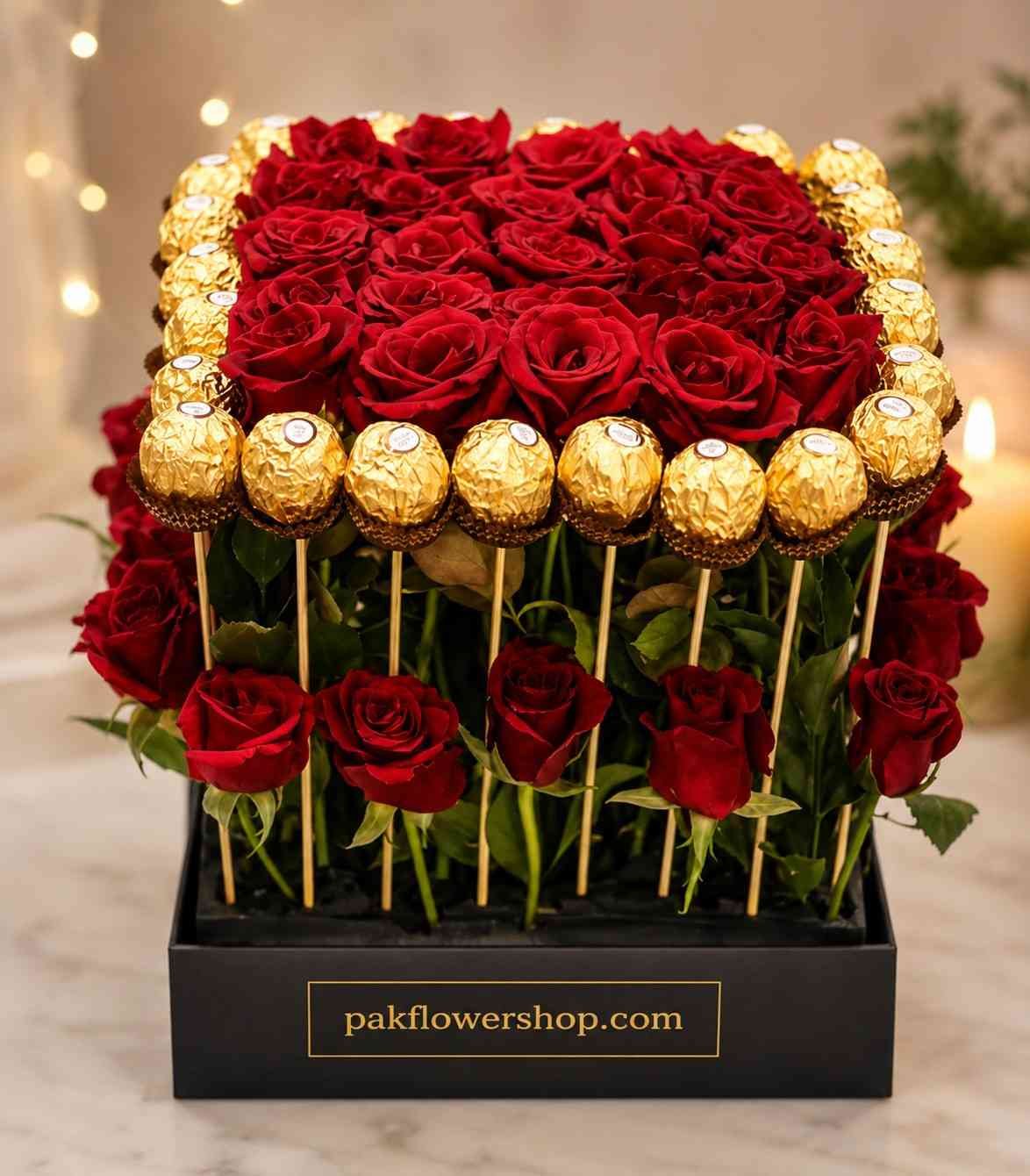 Rose Chocolate Box Pakistan with fresh red roses and premium Ferrero Rocher chocolates
