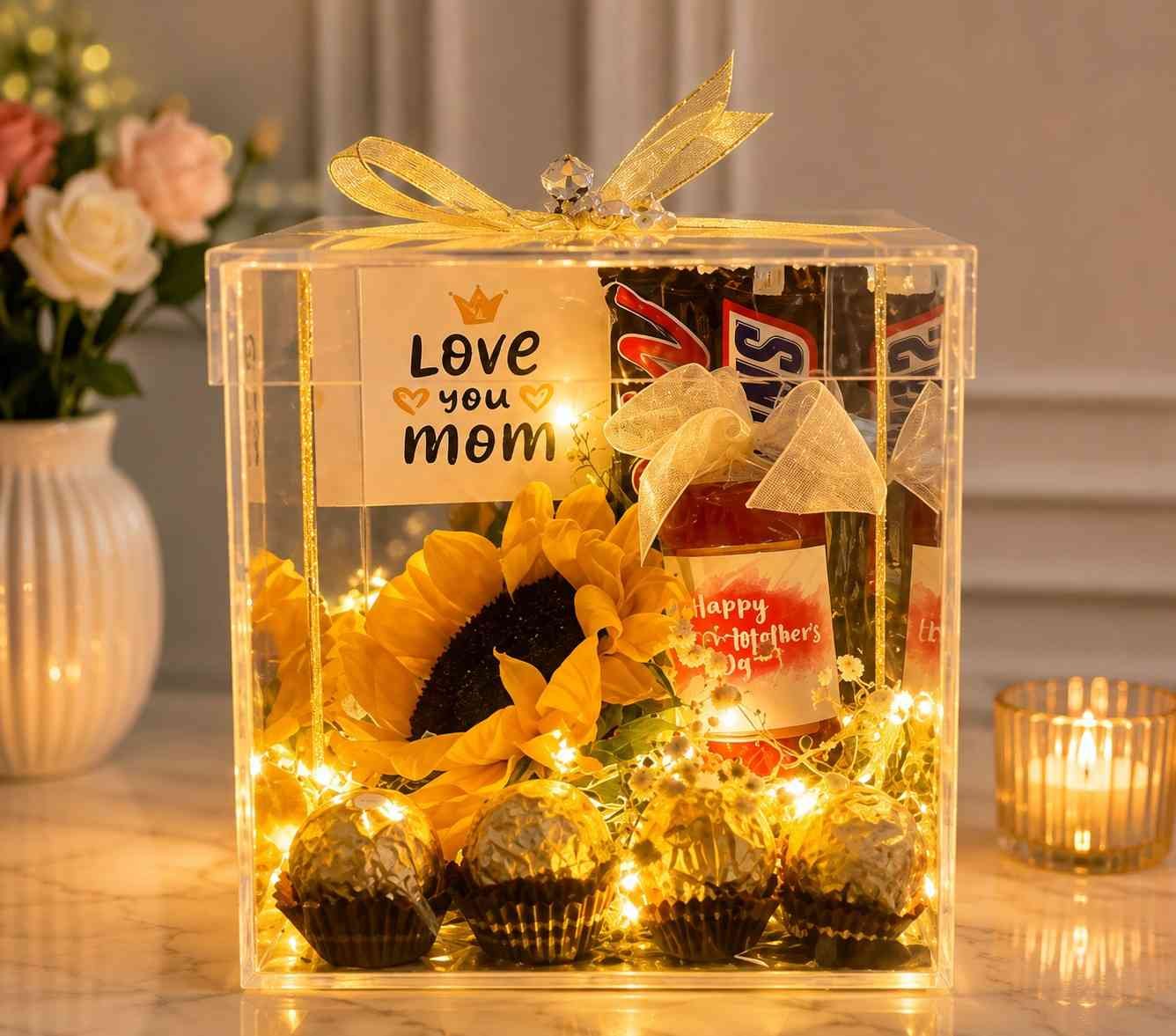 Mother’s Day gift box with sunflower and chocolates