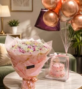 Birthday Flowers Pakistan bouquet with fresh pink and white seasonal blooms