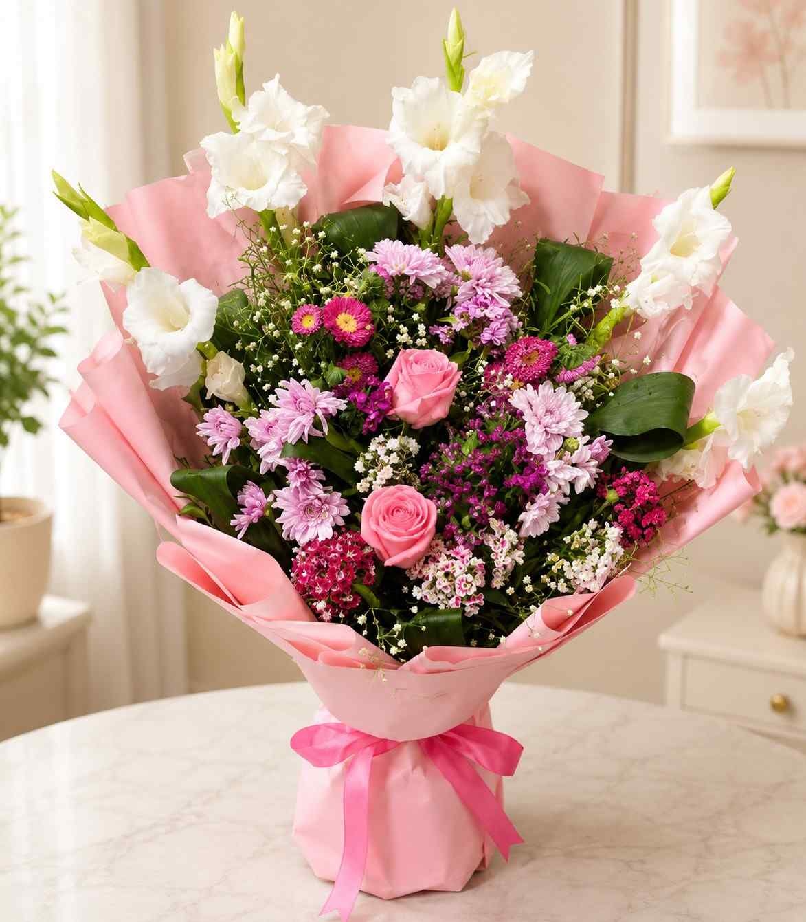 Flowers for her Lahore with pink roses and mixed blooms.