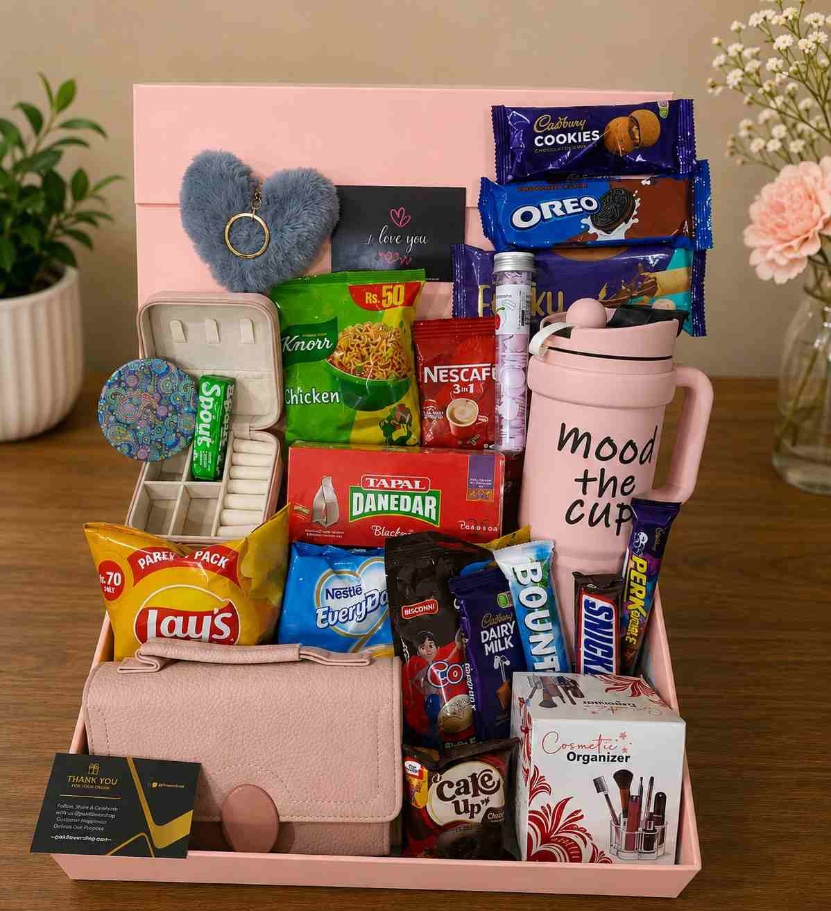 Gift Hamper for Her Pakistan with snacks, accessories, and beauty essential