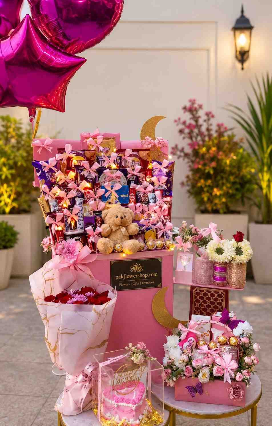 Elegant premium gifts Pakistan featuring flowers, chocolates, balloons, cake, plush toy, and luxury gift arrangements.