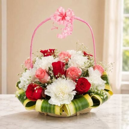 Flower basket Lahore with red pink roses and white flowers