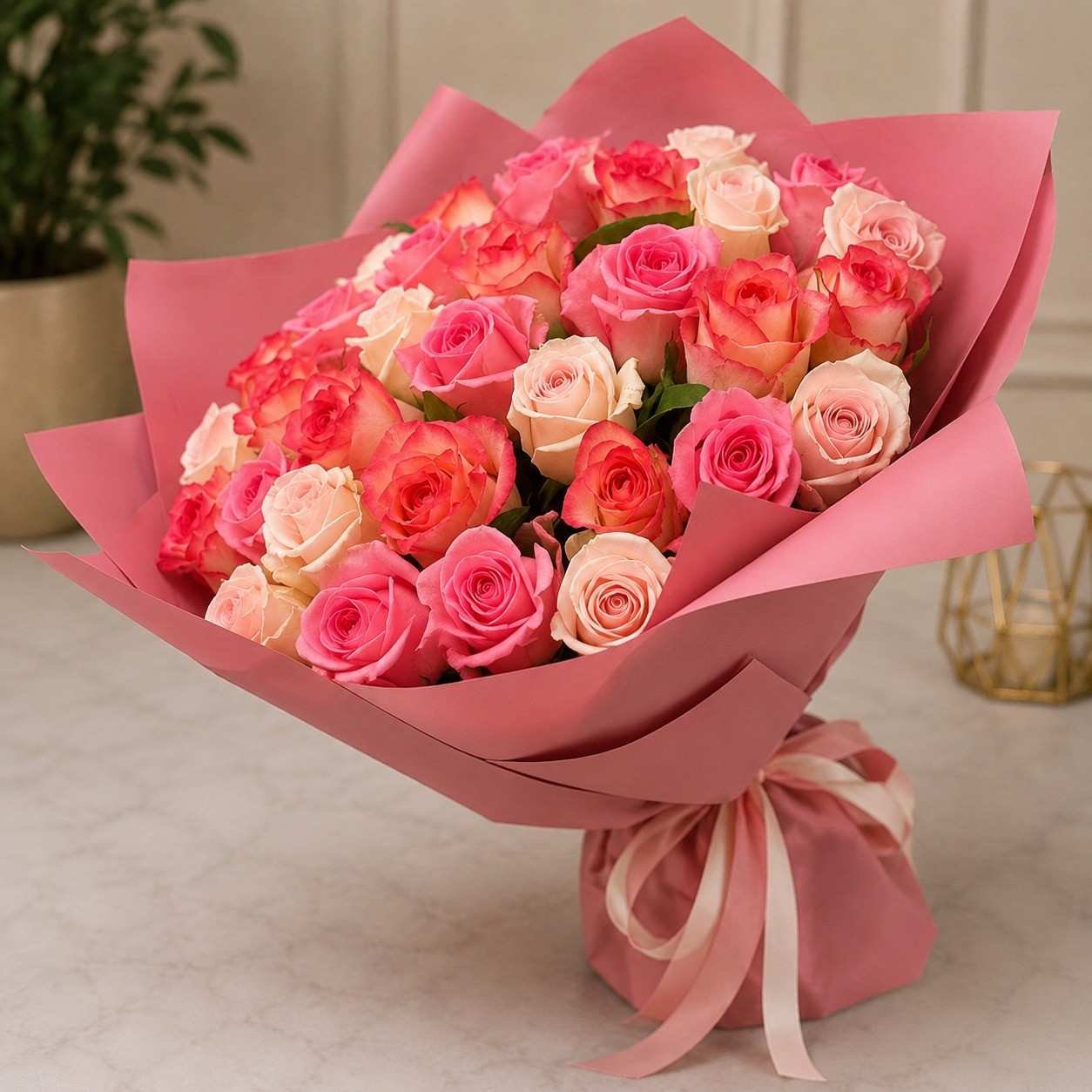 Premium rose bouquet Lahore with fresh pink and peach roses.