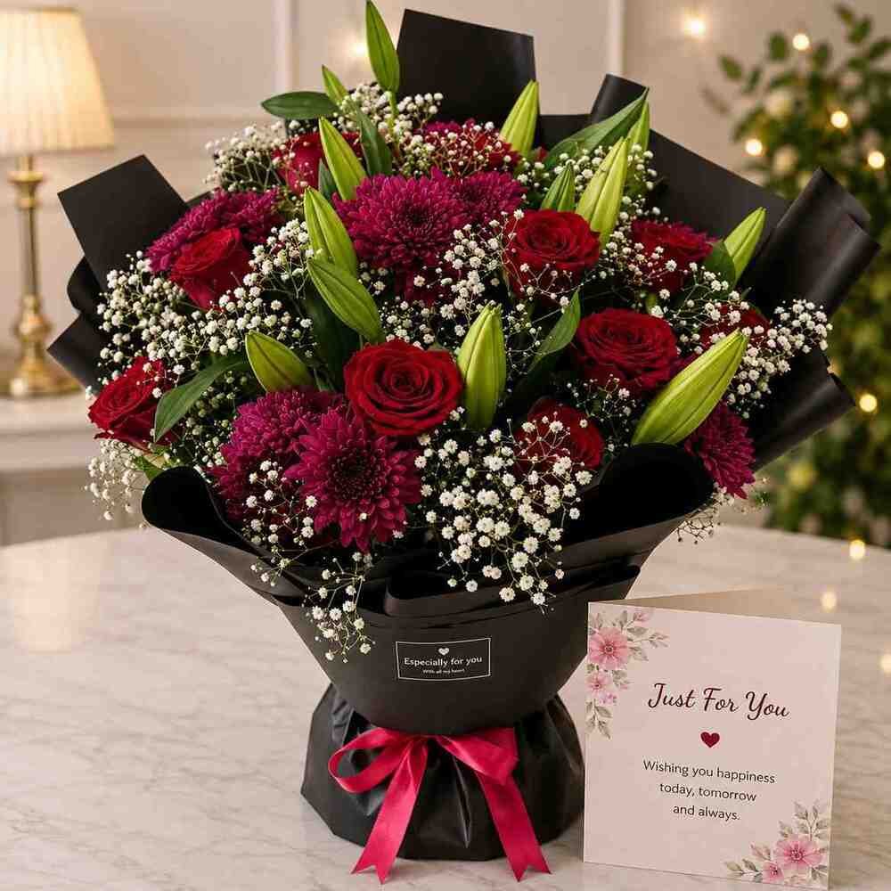 Mixed Flower Bouquet Pakistan with roses, lilies, chrysanthemums, and baby's breath