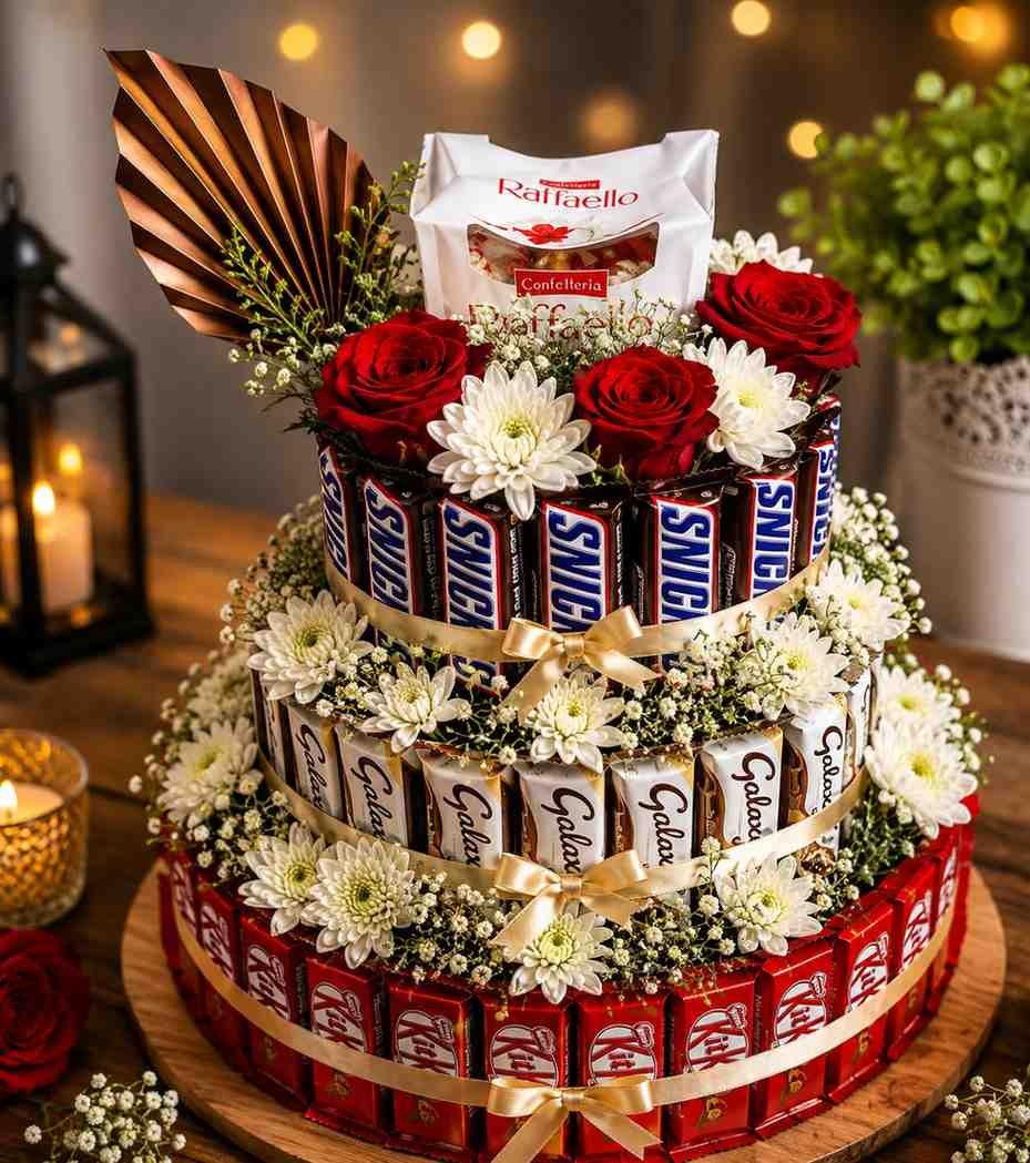 Premium chocolate hamper Pakistan with assorted chocolates, fresh roses, white flowers, and elegant tiered arrangement.