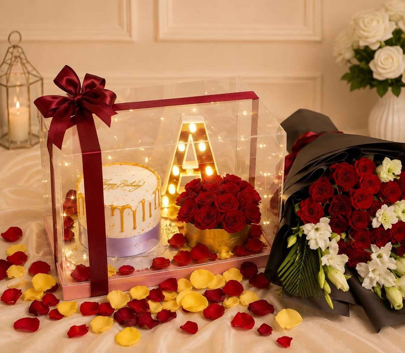 Clear gift box and floral bouquet featured at an online gift shop in Pakistan