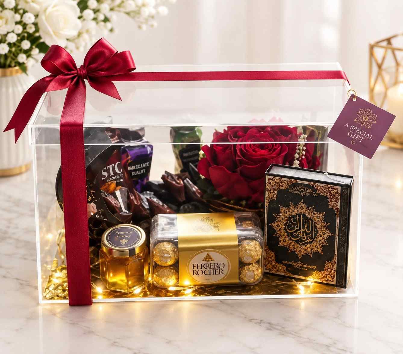 Islamic gift hamper Lahore with roses chocolates and Quran gift box