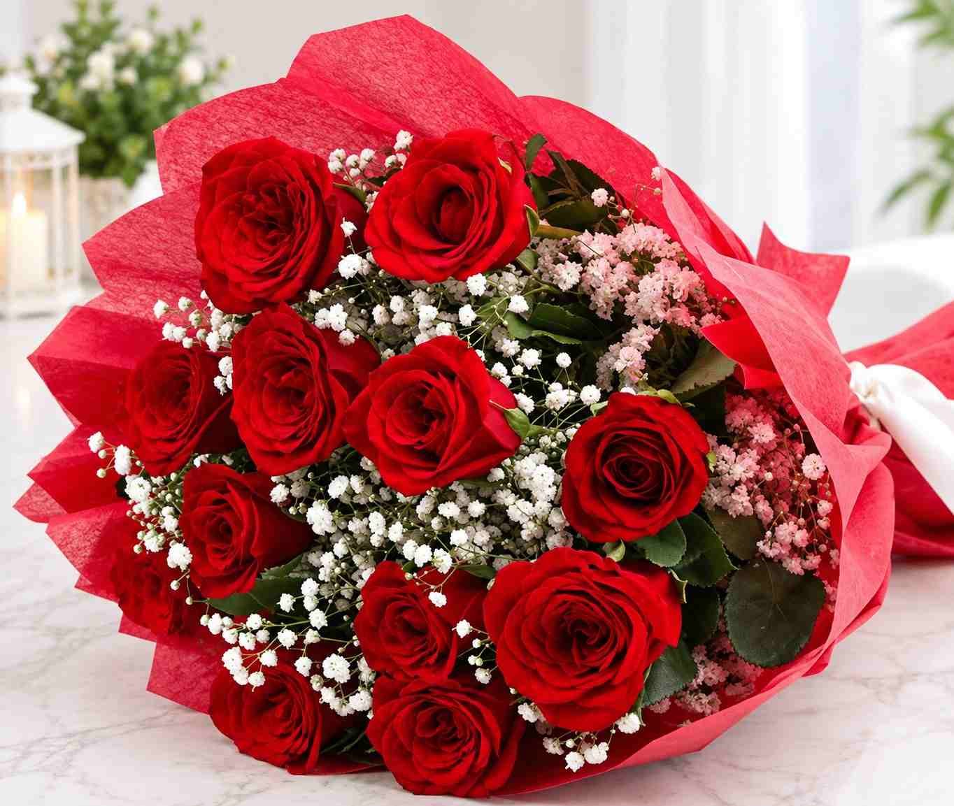 Red Rose Bouquet Lahore with red roses and baby’s breath