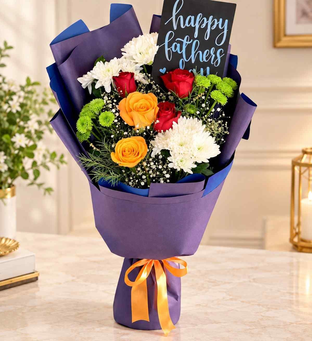 Flower gifts Lahore featuring a vibrant bouquet of roses and chrysanthemums for Dad