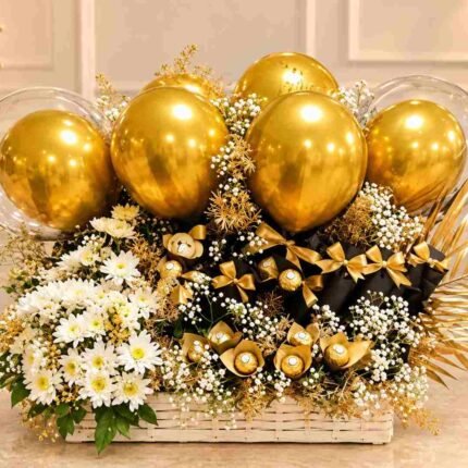 Golden celebration gift basket from PakFlowerShop for sending gifts to Pakistan from the UAE and Gulf