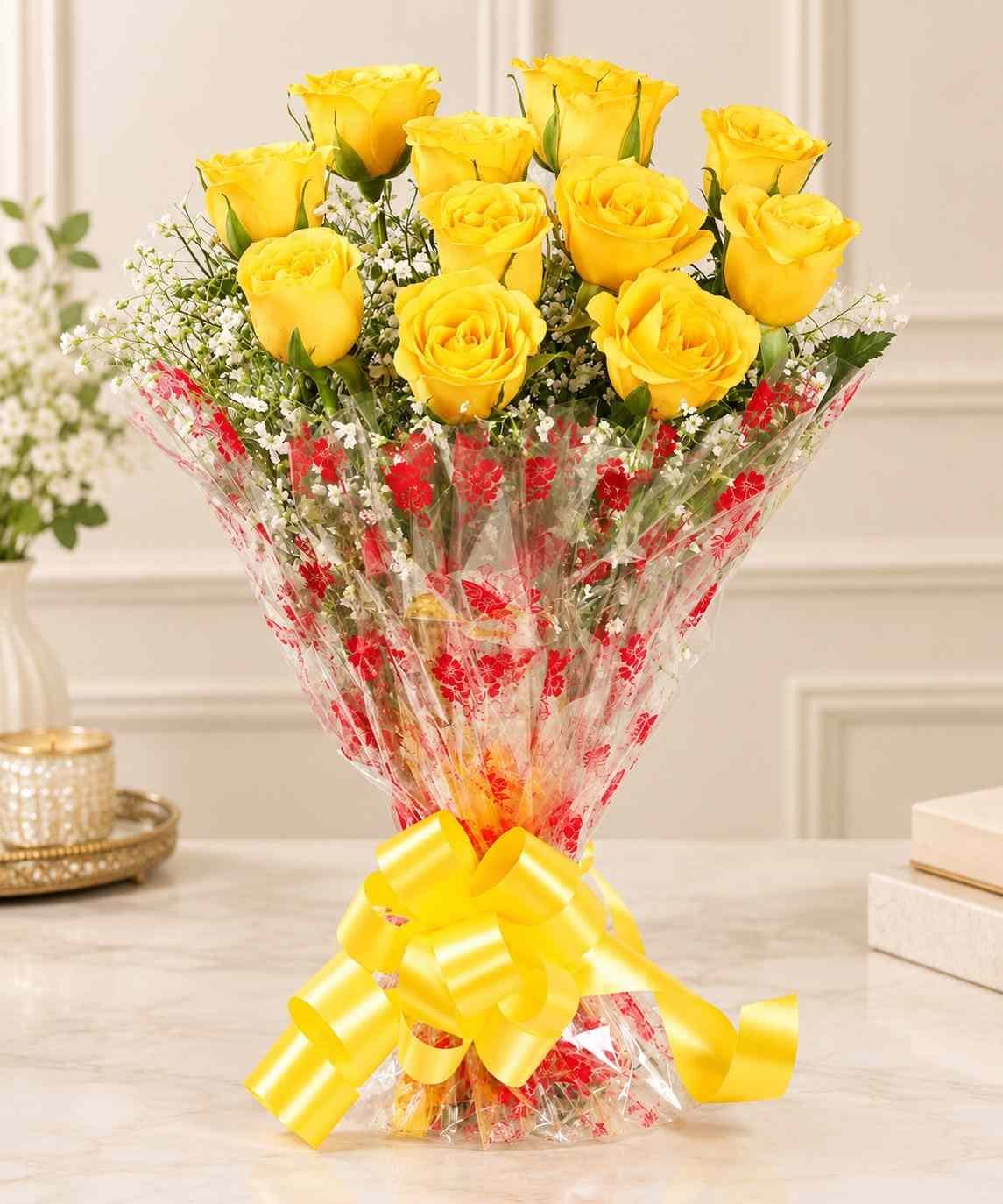 Yellow Rose Bouquet Lahore with fresh yellow roses and baby’s breath