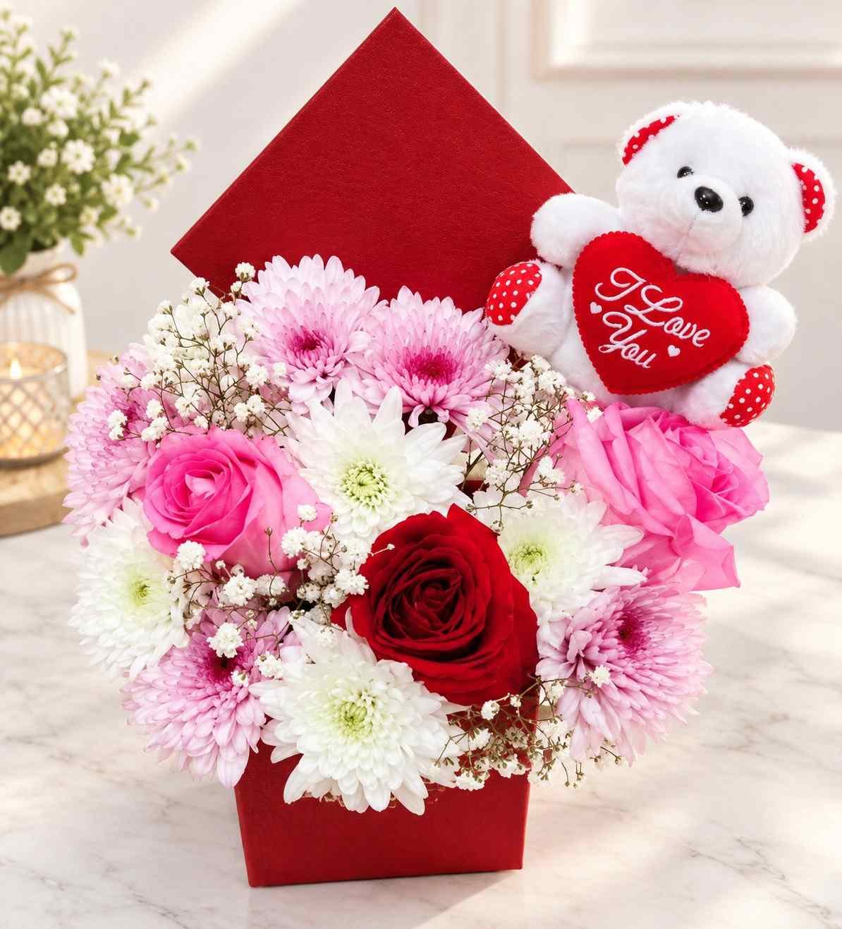 Teddy Bear Gifts Pakistan with pink flowers and red rose