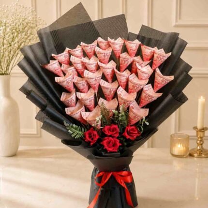 Money Bouquet Lahore with red roses and Pakistani currency notes