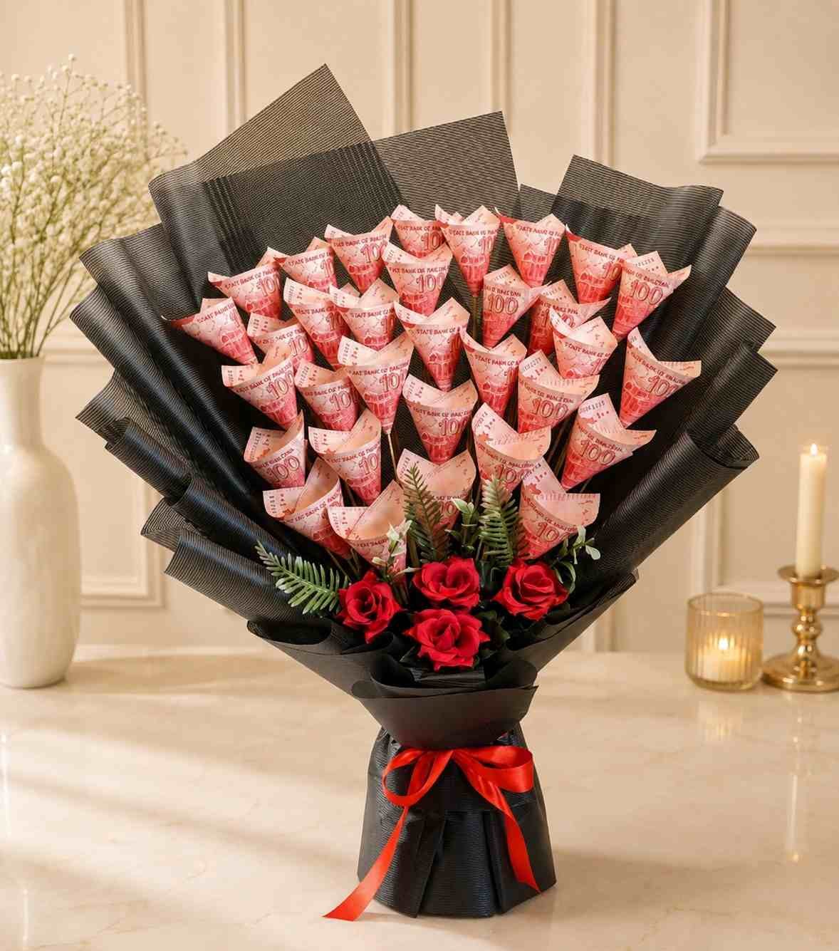 Money Bouquet Lahore with red roses and Pakistani currency notes