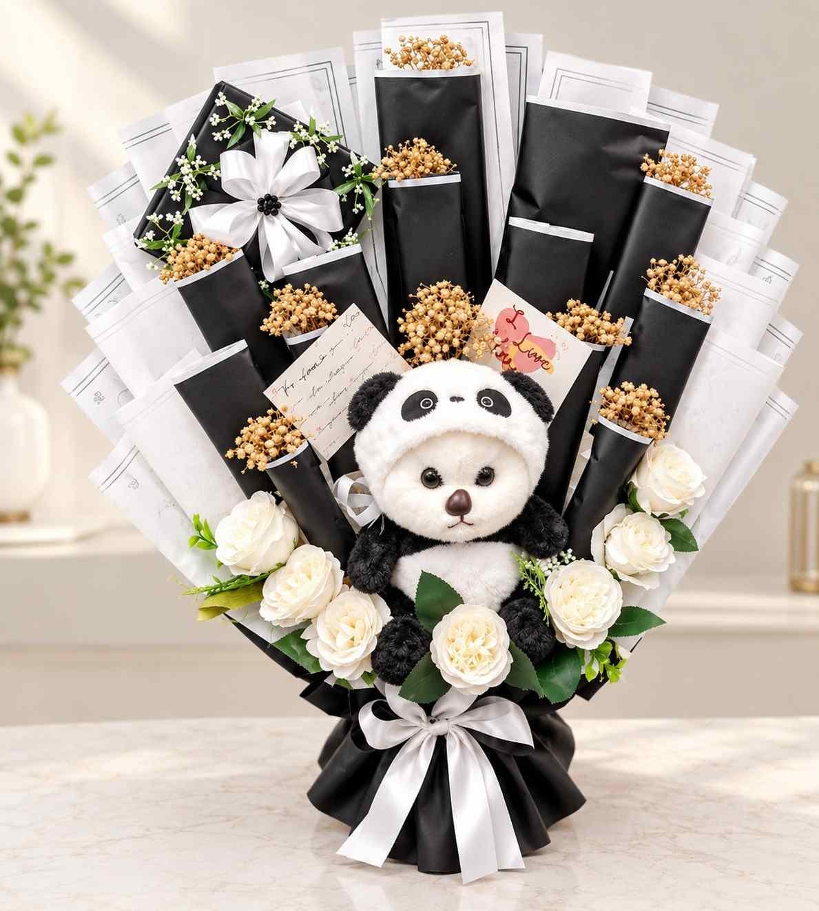Panda gift bouquet with roses and wrapped treats