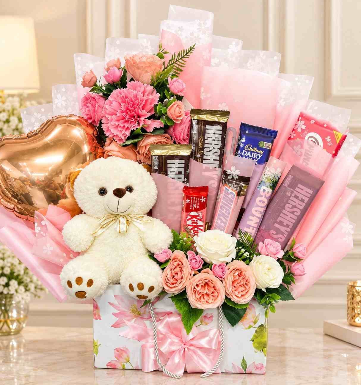 Birthday Gift Lahore with pink flowers teddy bear chocolates and heart balloon