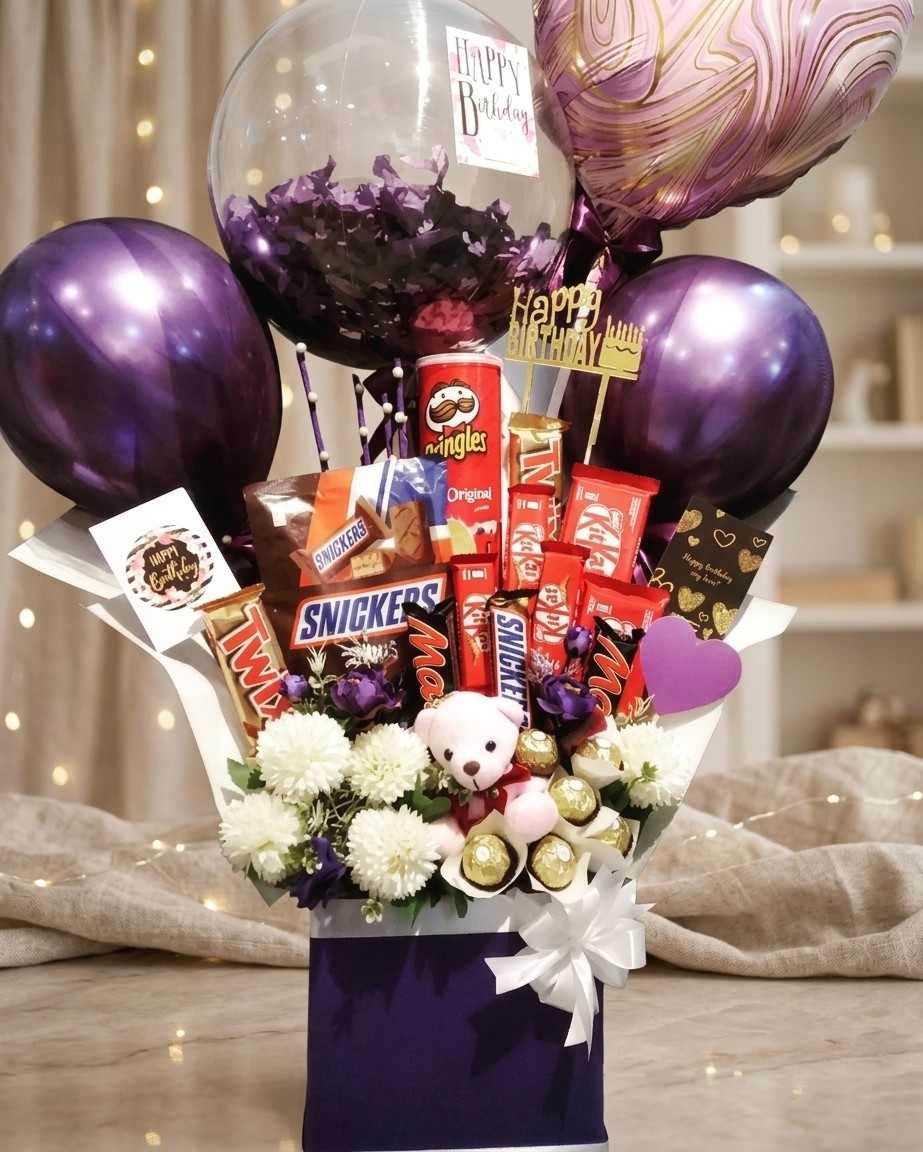 Purple birthday balloon arrangement for online birthday gift pakistan delivery